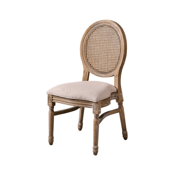 Hochzeitsstuhl MEDALION rustikal – eleganter Massivholzstuhl mit Rattanlehne und gepolsterter Sitzfläche