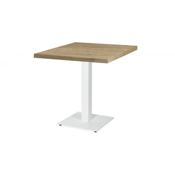 Bistrotisch ALFA S weiss 80x80 – robuster. wetterfester Stahltisch mit stabiler Laminatplatte in Lyrische Eiche für HoReCa-Berei