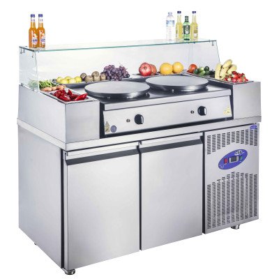 Tavolo refrigerato per crepes Premium Plus - per 11x GN 1/6 - 2 porte - incluso attrezzatura per crepes