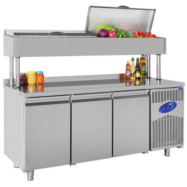 Tavolo di preparazione Premium - con 3 ante e vetrina superiore per allestimento.