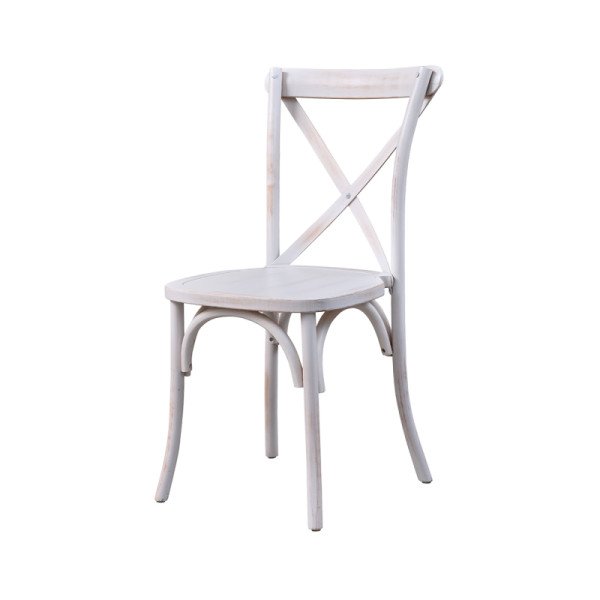 Holz Hochzeitsstuhl CROSS-BACK WOOD gealtert weiß – elegant & robust für stilvolle Events