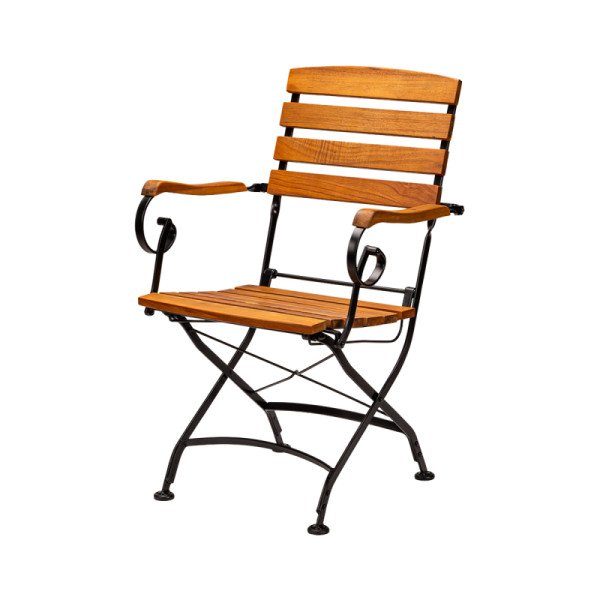 Biergartenstuhl LARA Grand mit Armlehnen – wetterfest & klappbar aus Stahl & Akazienholz