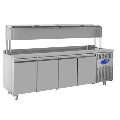 Tavolo di preparazione Premium Plus - con 4 ante e vetrina superiore per allestimento.