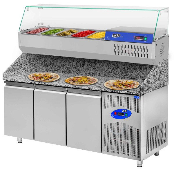 Premium pizza cooling table - 2000x800mm - with 3 doors - incl. refrigerated display case - 9x GN 1/3