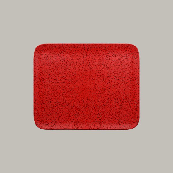 Teller flach aus Porzellan in leuchtendem Rot und Schwarz, 33,3x27,2 cm, 6 Stück