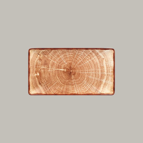 Teller coup flach aus Porzellan in Woodart Design, 6er Set, rechteckig, naturfarbene matte Optik