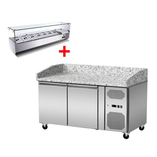 Pizza Kühltisch. Granit rosa-grau. 2 Türen. 151 x 80 Kühlaufsatz GN1/3 mit Glas