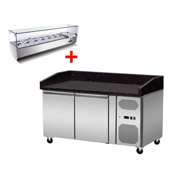 Pizza Kühltisch. Granit Star Galaxy schwarz. 2 Türen. 151 x 80 Kühlaufsatz GN1/3 mit Glas