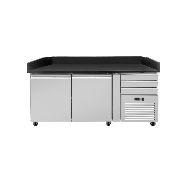Pizza Kühltisch PRO. Granit Star Galsxy schwarz. 2 Türen + 3 Schubladen. 160 x 80 Kühlaufsatz GN1/3 mit Glas