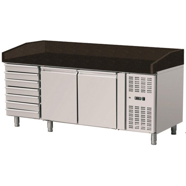 Pizza Kühltisch. Granit Star Galaxy schwarz. 2 Türen 7 ungek. Schubladen. 203x80