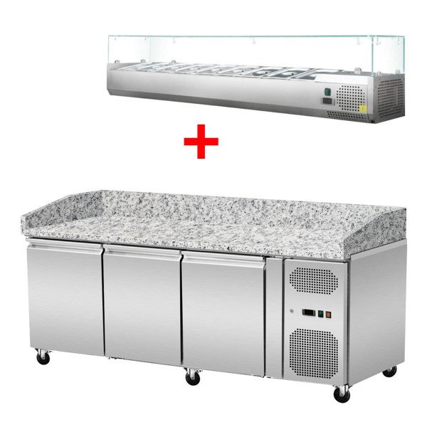 Pizza Kühltisch. Granit rosa-grau. 3 Türen. 203 x 80 Kühlaufsatz GN1/4 mit Glas