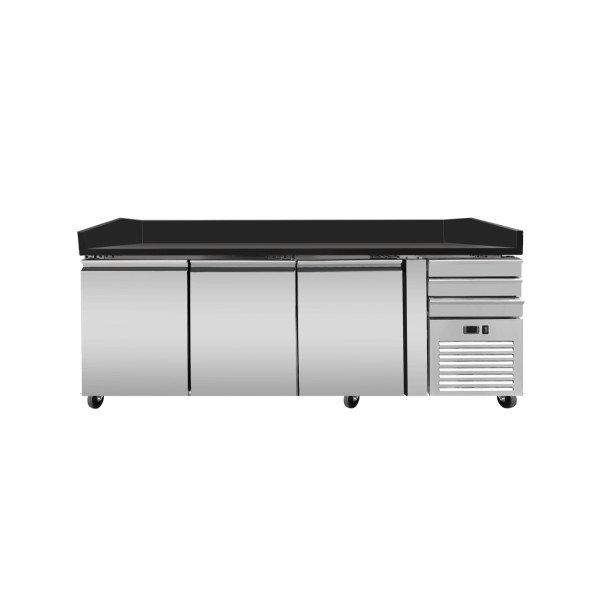 Pizza Kühltisch PRO. Granit Star Galsxy schwarz. 3 Türen + 3 Schubladen. 200 x 80 Kühlaufsatz GN1/4 mit Edelstahldeckel
