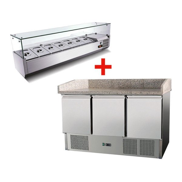 Pizzatisch 3 Türen. mit Unterbaukühlung. 140 x 70 Kühlaufsatz GN1/4 mit Glas