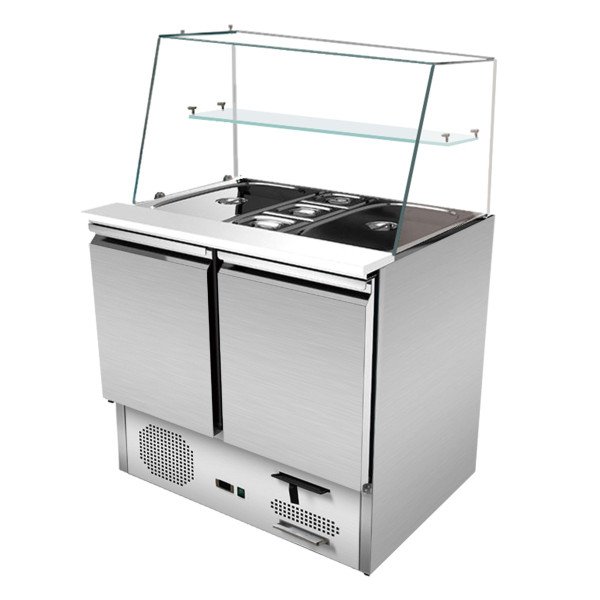 Saladette 2 Türen. 90 x 70 gerader Glasaufbau. Klarglas