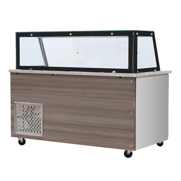 SNACK-Line. Kalte Theke. 6x GN1/1. Granit rosa-grau. 223x82x85.5 Glasaufbau Klarglas schwarzer Rand. ohne Zwischenablage H396mm