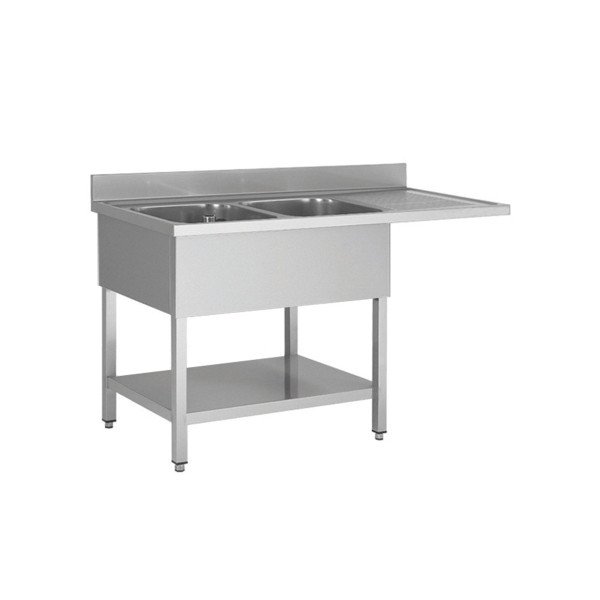 Spülcenter aus Edelstahl. zwei Becken links. 160 x 60