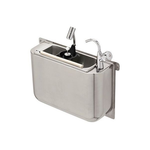 SPÜLBECKE FÜR EISLÖFFEL MIT WASSERHAHN UND EISLÖFFELDUSCHE 410X120X270  MIT WASSERABLAUFLOCH, WASSERANSCHLUSS UND ÜBERLAUFROHR