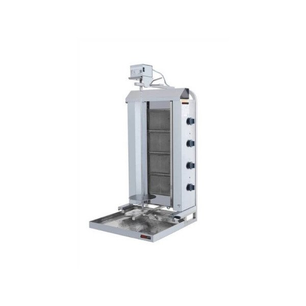 Gas Dönergrill mit Motor oben / Gyrosgrill 4 Brenner / Beweglich / max. 60 kg / inkl. Flügeltüren