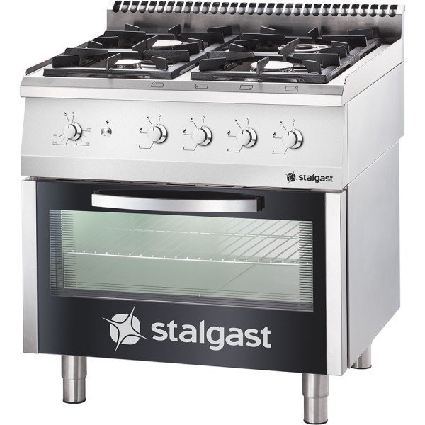 Stalgast Edelstahl Gasherd mit 4 Brennern (3,5+2x5+7) und Elektro-Backofen GN2/1, Serie 700 ND