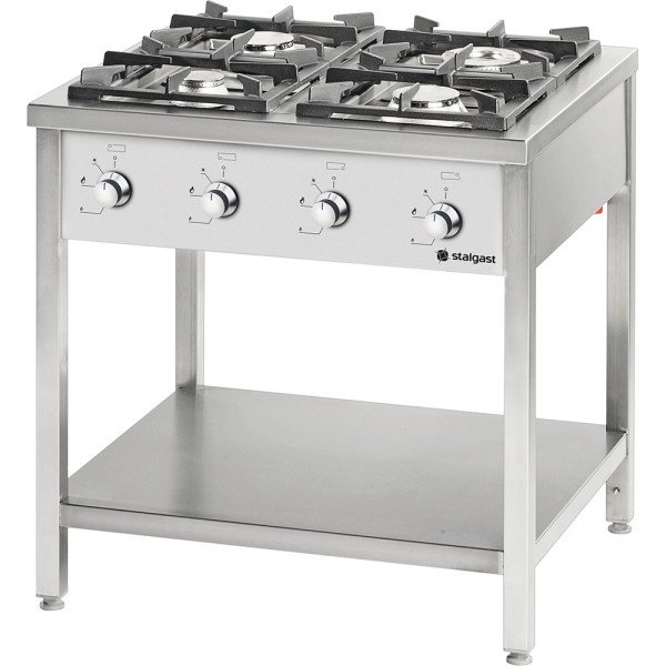 Stalgast Edelstahl Gasherd Serie 900, 4-Brenner (3,5+5+7+9), G20, 900x900x850 (BxTxH)