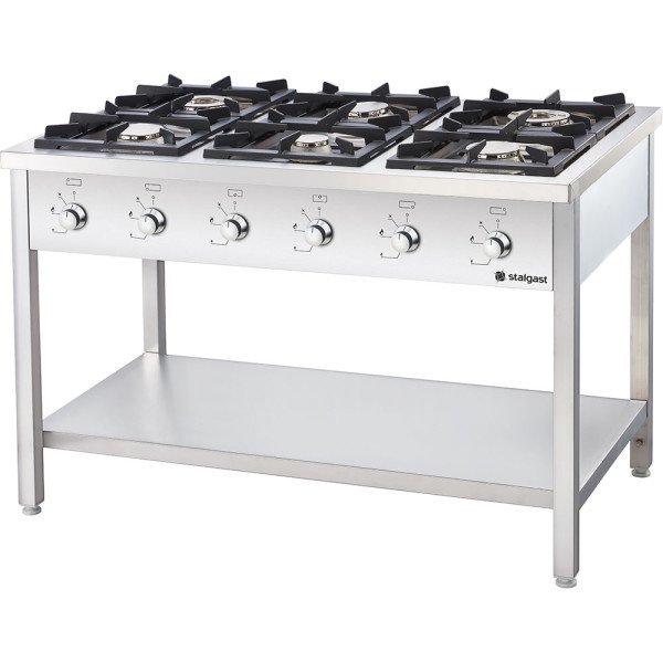 Stalgast Edelstahl Gasherd Serie 900, 6-Brenner (3,5+2x5+2x7+9), G20, 1300x900x850 mm (BxTxH)