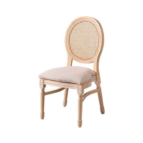 Hochzeitsstuhl MEDALION natürlich gekalkt – eleganter Massivholzstuhl mit Rattanlehne und gepolsterter Sitzfläche