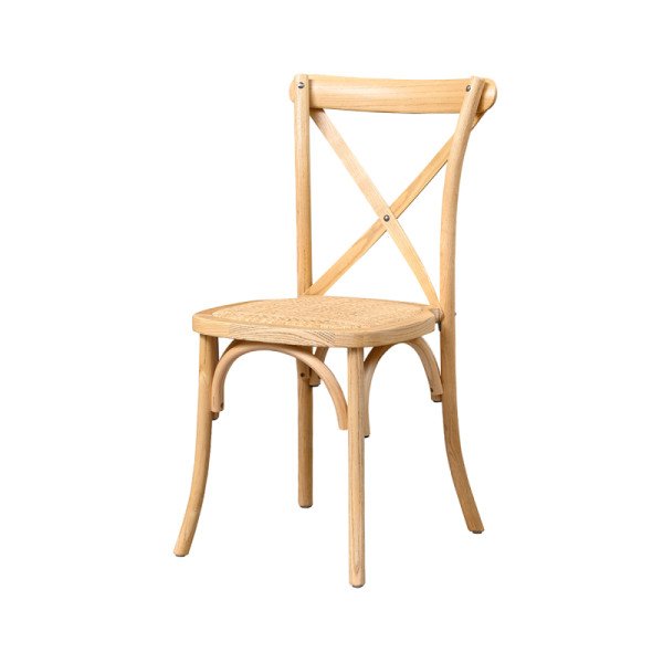 Hochzeitsstuhl CROSS-BACK Holz Rattan natur – elegant & stabil für Ihre Feier