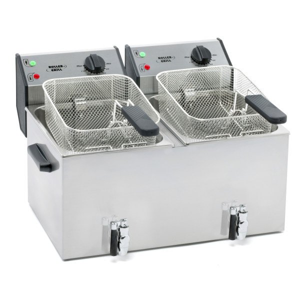 ROLLER GRILL Fritteuse mit zwei Becken, mit Ablasshahn, 2 x 8 Liter