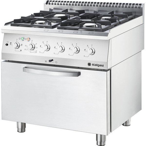 Stalgast Edelstahl Gasherd Basic mit 4 Brennern (4x3,5) und Elektro-Umluft-Backofen GN 2/1, Serie 700 ND